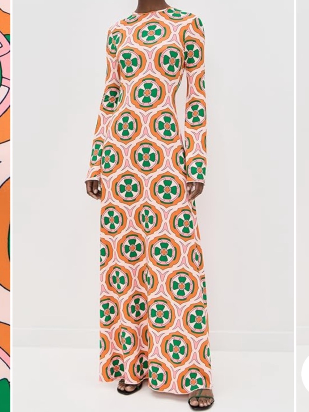 Damnia Backless Long-Sleeve Maxi Dress in Orange & Green
